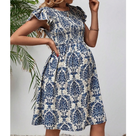 Maternity Butterfly Sleeve Smocked Mini Dress - Picture 1 of 7